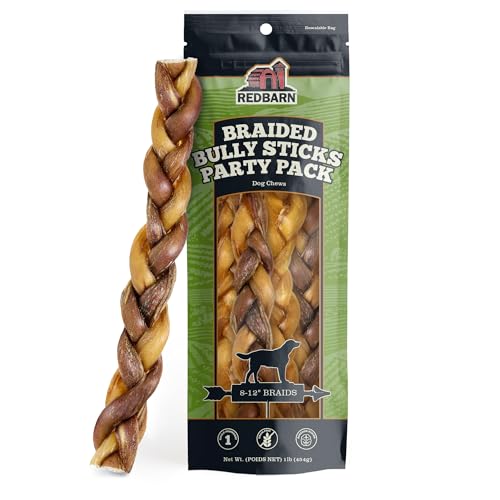 Redbarn All Natural 8-12” Braided Bully Sticks for Medium & Large Dogs - Healthy Long Lasting Chews Variety Party Pack - 100% Beef Single Ingredient Low Odor Rawhide Free Dental Treats - 1 lb. Bag