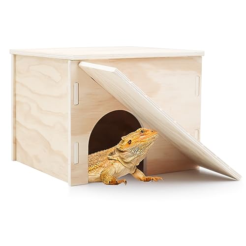 Reptile Hideout, Wooden Reptile Hide Cave with Ramp, Bearded Dragon Habitat, Cage and Aquarium Accessories, Suitable for Reptiles Gecko Turtles Chameleon Hamster Guinea Pig 11.3 x 9.1 x 7.1 Inch