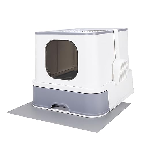 RIZZARI Millions Sold Wordwide Cat Litter Box, Large Top Entry Anti-Splashing Litter Box with Lid, Enclosed Plastic Cat Litter Box with Handy Litter Scoop, Drawer Type Cat Toilet (Pearl White)