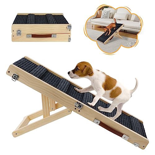 Rypet Wooden Adjustable Dog Ramp for Small Dogs, Folding Portable Doggie Ramp Rated for 55 LBS Adjustable 8.3"-17.3" Dog Ramp for Bed with Non-Slip Traction Mat