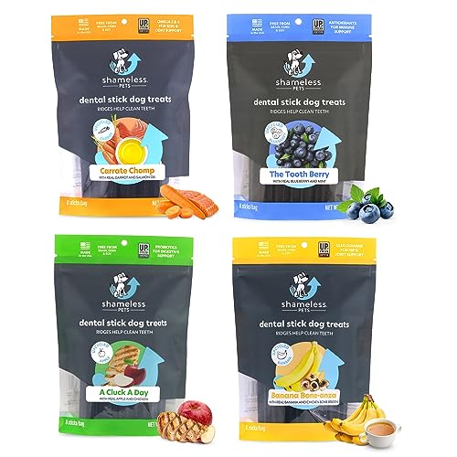 Shameless Pets Dental Treats for Dogs, Variety (4-Pack) - Healthy Dental Sticks for Teeth Cleaning & Fresh Breath - Dog Bones Dental Chews Free from Grain, Corn & Soy