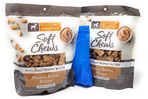 Simply Nourish Soft Chews Bone Shaped Dog Treats, Large 1 Pound Bags (Pack of 2: Peanut Butter) and Resealable Bags