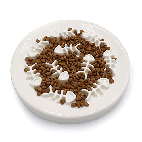 Slow Feeder Cat Bowl- Cat Dog Bowls for Slow Eating-Cat Puzzle Feeder Ceramic Dish with Fish Bone Design, Fun Interactive Slow Down The Eating Speed of Pets, Against Bloat,Indigestion