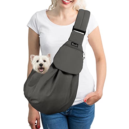 SlowTon Dog Carrier Sling, Thick Padded Adjustable Shoulder Strap Dog Carriers for Small Dogs, Puppy Carrier Purse for Pet Cat with Front Zipper Pocket Safety Belt Machine Washable (Grey M)