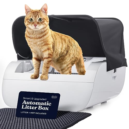 Smart Automatic Cat Litter Box - Self Cleaning Cat Litter Box with Built in Odor Eliminator -Works with Clumping Cat Litter (No Expensive Refills) Large Cat litter Box with Hood & Litter + Litter Mat.