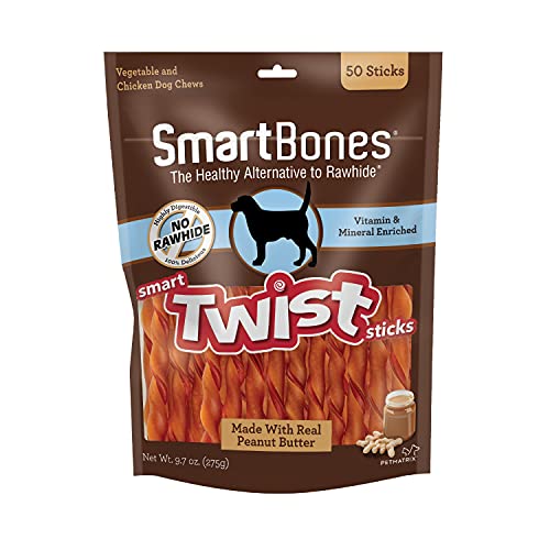 SmartBones Smart Twist Sticks With Peanut Butter 50 Count, Rawhide-Free Chews For Dogs, SBTT-02943, 50-count