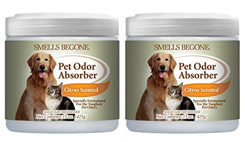 SMELLS BEGONE Air Freshener Pet Odor Absorber Gel - Made with Essential Oils - Absorbs and Eliminates Odor in Pet Areas, Bathrooms, Cars, & Boats - Citrus Scent - 15 Ounce - 2 Pack