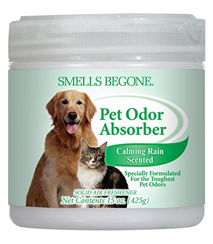 SMELLS BEGONE Pet Odor Absorber Gel - Air Freshener - Absorbs Odor from Bathrooms, Cars, Pet Areas, Boats & RVs - Made with Essential Oils - Calming Rain Scent - 15 Ounce