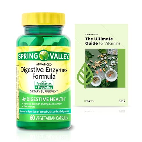 Spring Valley Advanced Digestive Enzymes, Probiotics + Prebiotics, Digestion and Stomach Support, 60 Count + Exclusive VitaMax Vitamin Guide (2 Items)