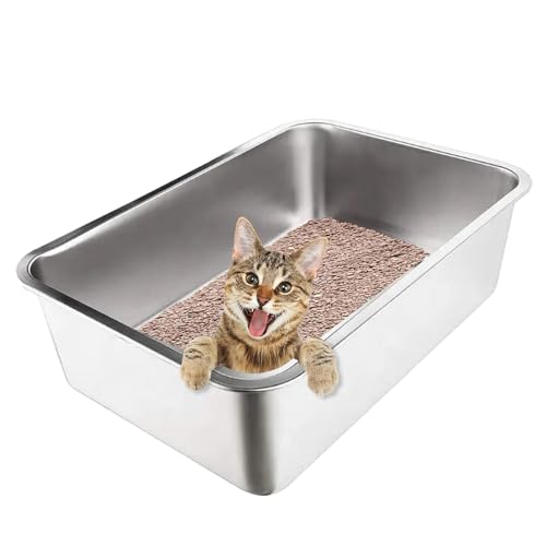 Stainless Steel Litter Box, Metal Cat Litter Box, for Cat and Rabbit, High Sides, Never Absorbs Odor, Stains, or Rusts, Non Stick Smooth Surface, Kitty Litter Box, Rabbit Litter Box