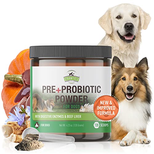 Strawfield Pets Pre + Probiotic Powder for Dogs with Digestive Enzymes Dog Probiotics for Yeast, Itchy Skin and Itchy Ears Natural Beef Liver Flavor 120 Scoops