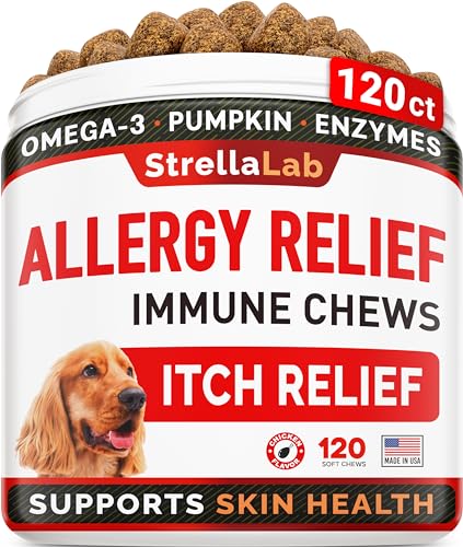STRELLALAB Dog Allergy Relief — Dog Itchy Skin Treatment with Omega 3 & Pumpkin, Dogs Itching and Licking Treats, Dog Itch Relief Chew, Allergy Supplements, Hotspot Relief for Dogs, Anti Itch Support
