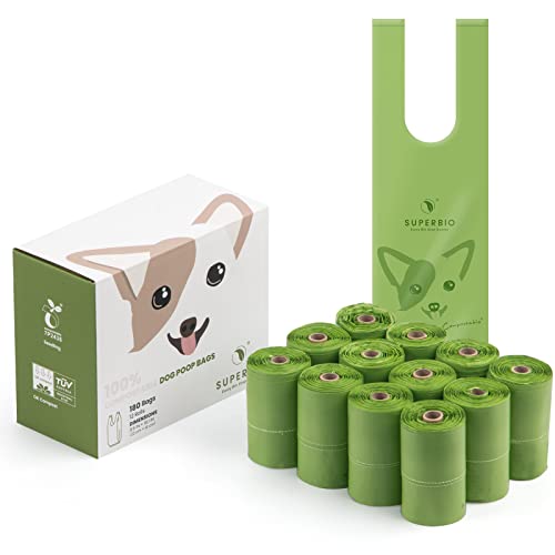 SUPERBIO compostable handle tie dog poop bags compost Plant Based pet bags for poop,12 rolls,180 bags,Extra Thick and Strong. OK compost Home and BPI certified (for use in Canada only).