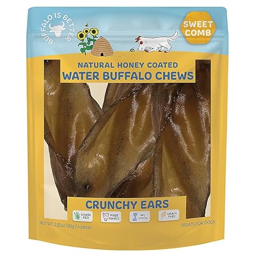 Sweet Comb Buffalo Crunchy Ears Dog Chews, Natural Honey Coated, 4 Pack