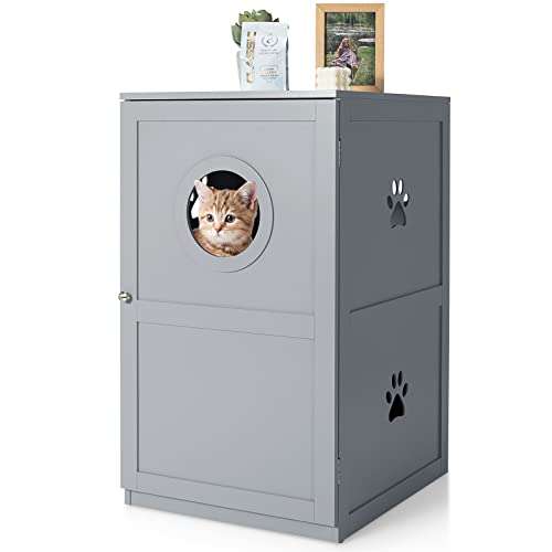 Tangkula 2-Tier Litter Box Enclosure, Cat House W/Anti-Toppling Device, Privacy Cat Washroom Bench W/Multiple Vents & Entrance Hole, Enclosed Cat Litter Box Furniture Hidden for Large Cat (Grey)