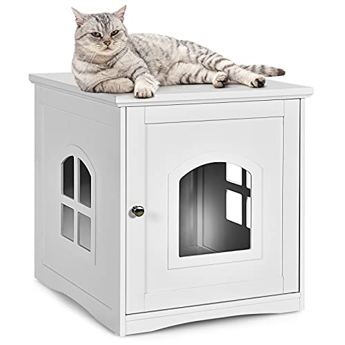 Tangkula Cat Litter Box Enclosure, Decorative Cat House Side Table w/Magnetic Door & Cross Window, Indoor Nightstand Pet House Cat Washroom, Litter Box Furniture Hidden for Large Cat Kitty (White)