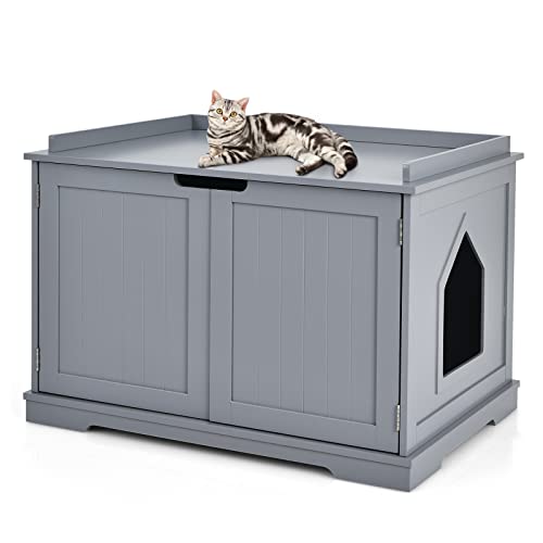 Tangkula Litter Box Enclosure, Cat Litter Box Furniture Hidden, Nightstand Pet House with Double Doors, Indoor Decorative Cat Box Cabinet, Cat Washroom Storage Bench for Large Cat Kitty (Grey)