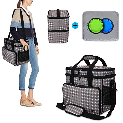 Teamoy Dog Travel Bag, Airline Approved Pet Travel Tote Organizer, Double Layer Dog Supply Bag with Multi-Function Pockets, 2 Food Containers, 2 Foldable Bowls, 1 Placemat for Weekend Away, Gray Dots