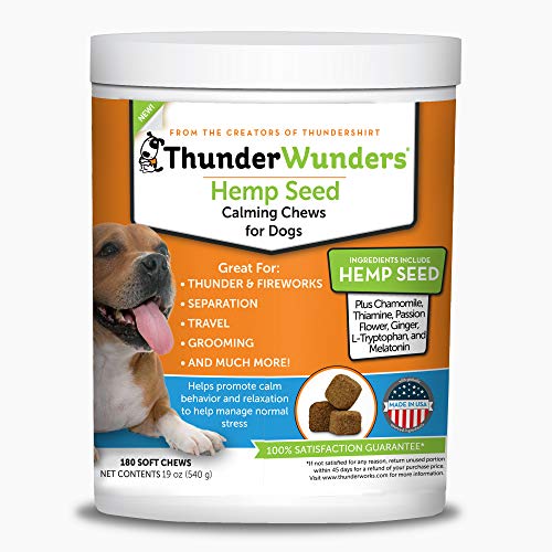 ThunderWunders Hemp Dog Calming Chews | Vet Recommended for Situational Anxiety | Fireworks, Thunderstorms, Travel & More | Made with Hemp Seed, Thiamine, L-Tryptophan, Melatonin & Ginger (180 Count)