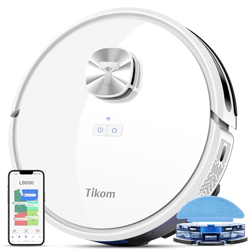 Tikom Robot Vacuum and Mop Combo, LiDAR Navigation, L9000 Robotic Vacuum Cleaner, 4000Pa Suction, 150Mins Max, Smart Mapping, 14 No-go Zones, Ideal for Pet Hair, Carpet, Hard Floor, White