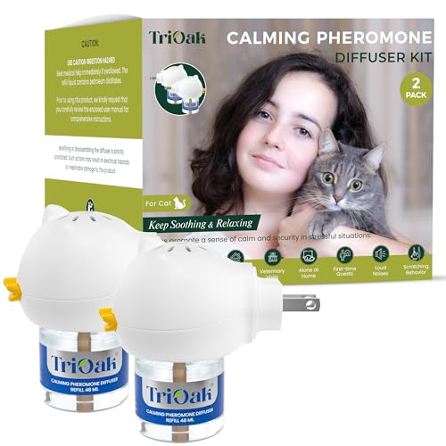 TriOak 2Pack Calming Cat Pheromone Diffuser: Cat Diffuser Starter Kit - Premium Cat Calming Diffuser - Cat Diffuser Calming - Cat Pheromones Calming Diffuser - Pheromone Diffuser to Calm Cats - 2Pack