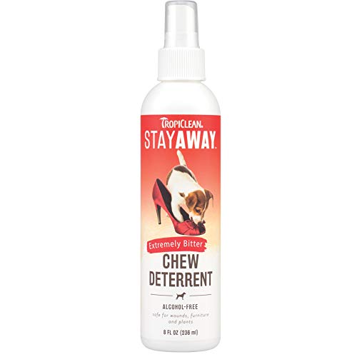 TropiClean Stay Away Pet Chew Deterrent Spray | Made in USA | Extremely Bitter Spray to Deter Dogs & Puppies From Chewing | Alcohol Free | Safe To Use On Wounds| Furniture & Plants | 8 oz