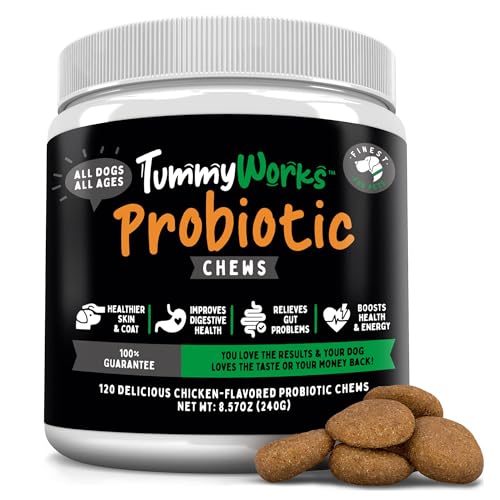 TummyWorks Probiotic Soft Chews for Dogs. Probiotics for Gut Flora, Digestive Health, Immune Support, Diarrhea, Itching & Seasonal Allergies. with Digestive Enzymes & Prebiotics. Made in USA 120ct