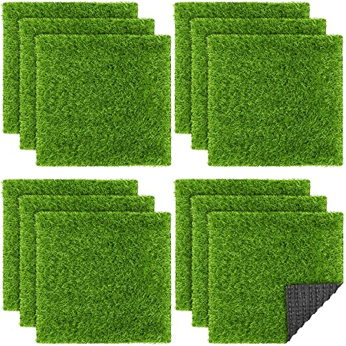 TURSTIN 12 Pieces Artificial Grass Mat Square 12 x 12 Inch Fake Turf Patch Indoor Outdoor Garden Lawn Patio Balcony Synthetic Turf Mat Realistic Grass Rug for Crafts Miniature Garden DIY, Grass Green