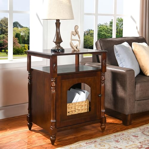 UMARTY Solid Wood Cat Litter Box Enclosure, Hidden Litter Box Furniture，Cat Washroom, Wooden Pet Hous/End Table, Bedside Table or Nightstand with Storage, Cherry Walnut