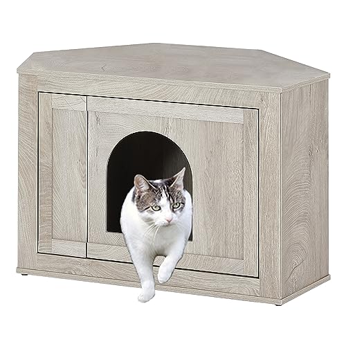 unipaws Furniture Corner Cat Litter Box Enclosure, Litter Box Hidden, Cat House, Privacy Cat Washroom, Perfect for Limited Room