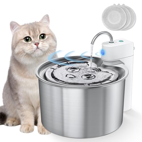 Uooser Cat Water Fountain Stainless Steel, Wireless Battery Operated Pet Water Fountain with External Water Pump, 4.3L/145fl.oz Automatic Cat Water Dispenser with 3 Replacement Filters, Ultra-Quiet