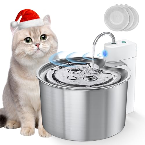 Uooser Cat Water Fountain Stainless Steel, Wireless Battery Operated Pet Water Fountain with External Water Pump, 4.3L/145fl.oz Automatic Cat Water Dispenser with 3 Replacement Filters, Ultra-Quiet