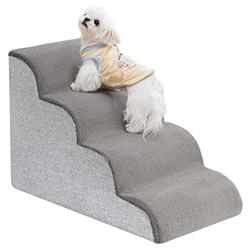 Uross Dog Stairs for Small Dogs- Dog Steps Stairs Ramps for High Bed Couch, High Density Foam Pet Steps Stairs for Dogs to Get on Bed, 4 Tiers Cat Doggy Steps Ramps for Joint Pain Dog(Gray)