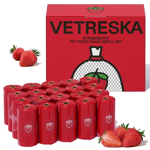 VETRESKA Strawberry Scented Dog Poop Bags, Leak Proof, Extra Thick and Large Pet Waste Bags for Dogs Walking and Cat Litter, 20 Refill Rolls, 300 Bags, Red