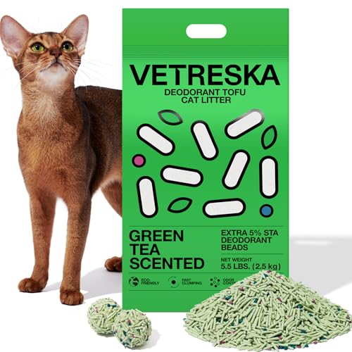 VETRESKA Tofu Cat Litter,Natural Pretty Kitty Litter Strong Clumping Flushable Cat Litter Pellets Ultra Absorbent,Odor Control,Dust-Free,Low Tracking Eco-Friendly Tofu Litter,Greentea(5.5lb×1bag)