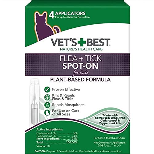 Vet's Best Flea + Tick Spot-On for Cats - Topical Flea and Tick Prevention for Cats - Plant-Based Formula - Certified Natural Oils - 4 Applications