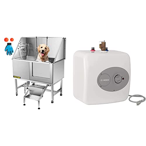 VEVOR 50 Inch Dog Grooming Tub Professional Stainless Steel Pet Dog Bath Tub with Steps Faucet&Accessories Dog Washing Station Right Door & Bosch Electric Mini-Tank Water Heater Tronic 3000 T 4-Gallon