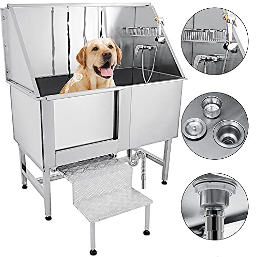 VEVOR 62 inch Professional Dog Grooming Tub Stainless Steel Pet Bathing Tub Large Dog Wash Tub with Faucet Walk-in Ramp Accessories Dog Washing Station Pet Bath Tub