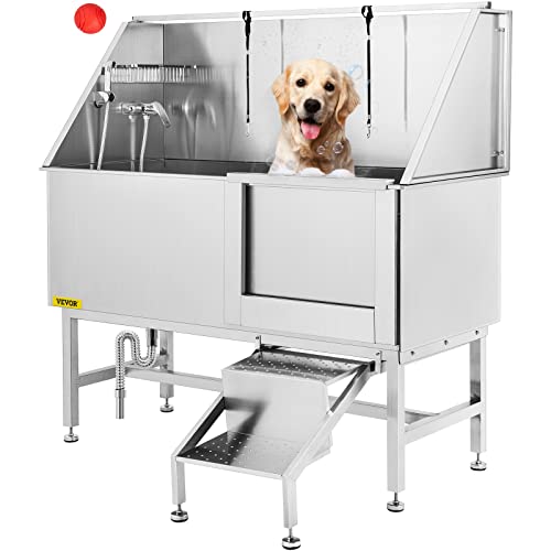 VEVOR Professional Dog Grooming Tub 62 inch Stainless Steel Pet Bathing Tub Large Dog Wash Tub with Faucet Walk-in Ramp and Accessories Dog Washing Station Pet Bath Tub Right Door