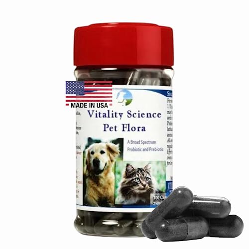 Vitality Science Pet Probiotic for Cats & Dogs | Pet Flora - Great for Diarrhea, Vomiting, Gas, Skin Conditions - Additive Free (100 Caps)