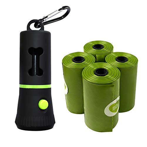 Waste Bags Dispenser with LED Flashlight, Poop Bag Holder for Dog Lead Leash, Diaper Bags Dispenser for Cradle or Car, Never Step on Poop Again at Night, includes 4 Rolls (15 Bags Per Roll, 60 Bags)