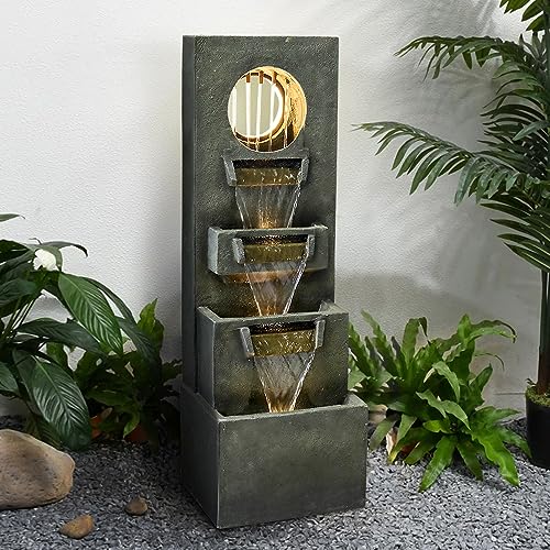 watnature 39.3”H Modern Outdoor Waterfall Fountain - Tall Indoor Relaxing Floor Fountain Outdoor with Light&Pump, Contemporary 4-Tier Outdoor Fountains and Indoor Waterfalls for House, Office, Garden