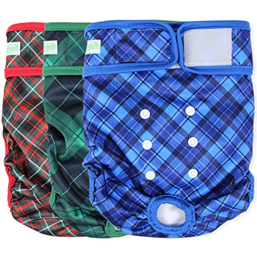 wegreeco Washable Dog Diapers (3 Pack), Highly Absorbent Dog Diapers for Female Dogs, Female Dog Diapers for Dogs in Heat, or Excitable Urination (Blue, Green, Red Plaid, Small)