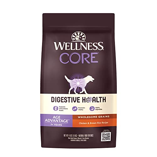 Wellness CORE Digestive Health Dry Senior Food with Wholesome Grains, Advanced Age for Dogs Over 7-Years Old, for Dogs with Sensitive Stomachs, Made in USA with Real Chicken (Senior, 4 Pound Bag)