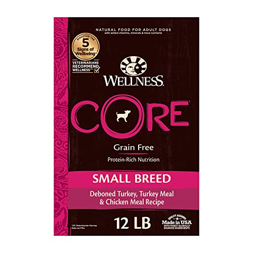 Wellness CORE Natural Grain-Free Small Breed Turkey & Chicken Dry Dog Food for Adult Dogs, High-Protein, USA-Made with Real Meat, 12-Pound Bag