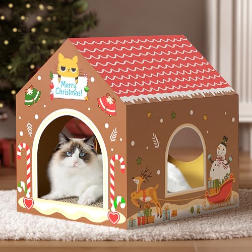 WESTERN HOME Cat Christmas Cardboard House, Multi-Purpose Cat Scratcher House for Cat, Cardboard Cat House for Indoor Cats and Christmas Decor