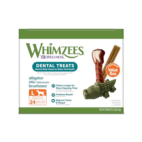 WHIMZEES by Wellness Long lasting Dog Chews Value Box: All Natural Grain Free Treats to Help Clean Teeth & Reduce Plaque & Tartar - for Dogs 40-60 Lbs - 24 Count