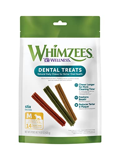 WHIMZEES by Wellness Stix Natural Dental Chews for Dogs, 3X Longer Lasting & Grain-Free, Freshen Breath & Fight Plaque & Tartar, Medium Breed, 14 Count