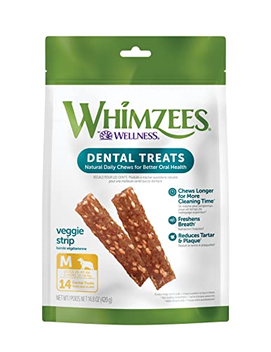 WHIMZEES by Wellness Veggie Strip Natural Dental Chews for Dogs, Long Lasting Treats, Grain-Free, Freshens Breath, Medium Breed, 14 count