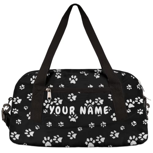 White Dog Puppy Paw Personalized Kids Duffel Bag for Girls Boys, Paw Customized Name Dance Bag Overnight Small Duffel Bag Carry On Weekend Sports Gym Travel Bag for School Practice Gymnastics Ballet